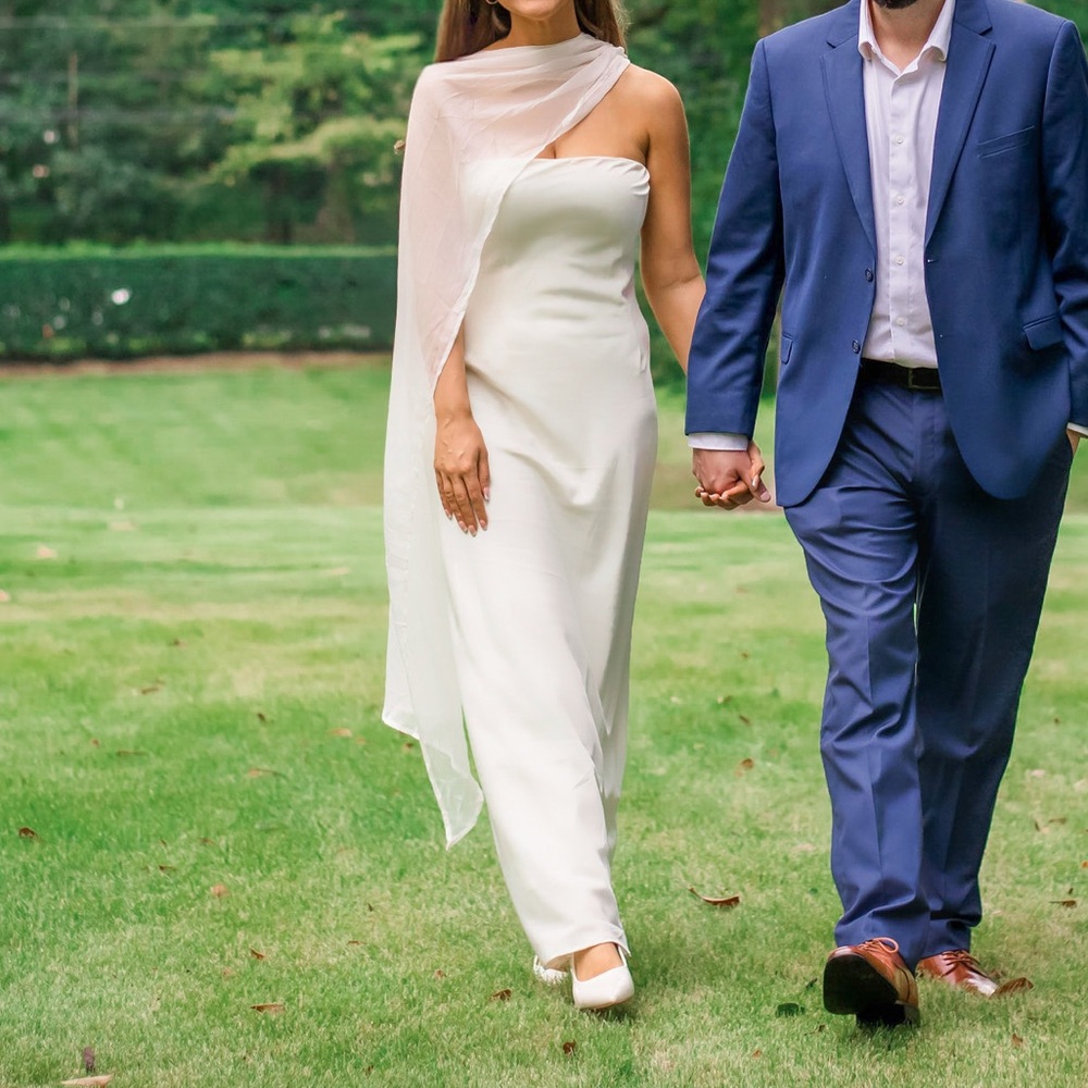 Strapless White Evening Dress with Sheer Cape - Brand